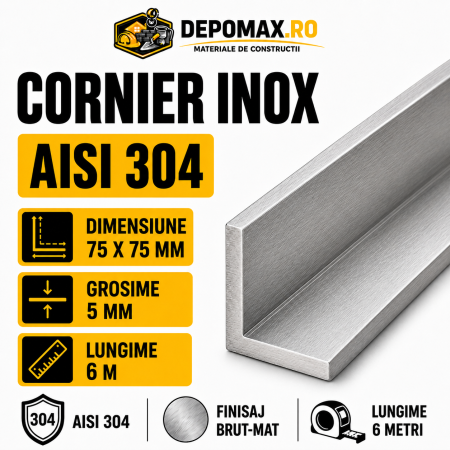 Cornier inox AISI 304, 75 x 75 x 5 mm, 6 metri
